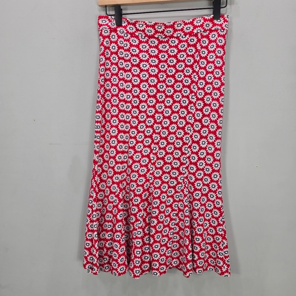 Tory Burch Midi Flare Skirt M Red Floral Daisy Print High Vacation Resortwear
